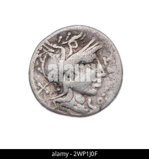 Denarius ; Curtius, Q. (fl. 116-115 A.C.), Silanus, M. (FL. 116-115 A.C.) ; 116-115 BC (116-00-00-115-00-00) ; Jupiter (Mitol.), Jupiter sur un carré (iconogr.), Roma (mitol.), Ecriture (attribut), cadeau (provenance), tête Roma dans un casque (iconogr.), chevaux, carrés, lituus, foudre (attribut ) Banque D'Images