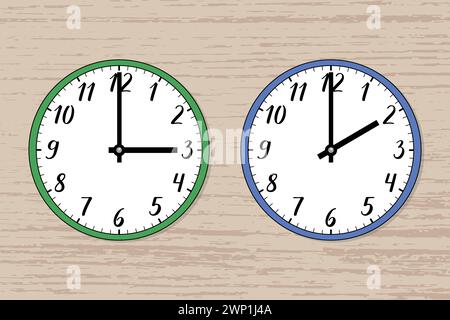 Illustration de deux horloges murales sur bois. Le vert symbolise l'été, le bleu l'hiver. Symbole de changement d'heure. Transition du temps. Illustration de Vecteur