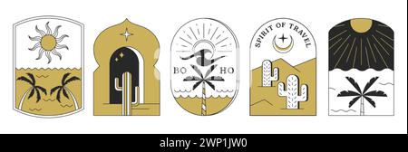 Logo Boho avec cactus, désert, palmier, paysages de montagne, lune, dim. Emblèmes bohèmes vectoriels ou bordures d'arc dans un style tendance. Badges linéaires minimaux modernes ou cadres avec des éléments de ligne d'été. Illustration de Vecteur