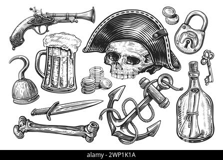 Concept pirate. Style de gravure d'objets dessinés à la main. Illustration d'esquisse Illustration de Vecteur