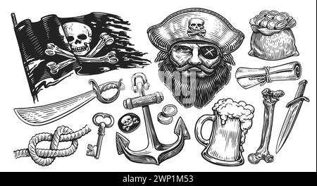 Concept pirate. Illustration d'esquisse. Style de gravure d'objets dessinés à la main Illustration de Vecteur