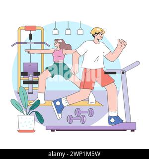 Concept de pause-bureau basé sur la salle de sport. Une paire de détente avec tapis roulant et exercices de musculation, au milieu de plantes d'intérieur apaisantes. Stimuler l'évasion des tâches de bureau. Illustration vectorielle plate Illustration de Vecteur