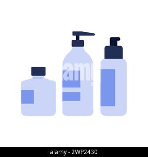 Bouteilles de produit de beauté cosmétique pour les soins de la peau ou des cheveux, illustration vectorielle de jeu de pots simples bleus Illustration de Vecteur