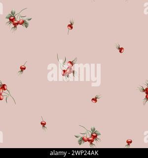 Baies rouges de hanche rose, motif floral minimaliste sans couture à l'aquarelle sur fond rose pêche. Pour une utilisation dans la conception, tissu, textile, scrapbooking, mur Banque D'Images