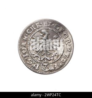 Cette pièce de 1608 représente Jan Christian, prince de Brzeg, et Jerzy Rudolf, prince de Legnica. Il présente Legnica, Brzeg et l'héraldique de Silésie, y compris les boucliers de la famille Piast et les aigles sous les mitres des princes. Banque D'Images