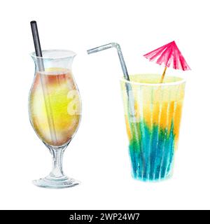 Set de cocktail d'été, verres en verre et verres avec des boissons colorées. Illustration d'aquarelle dessinée à la main pour des recettes pour des listes d'alcool avec des boissons. Banque D'Images