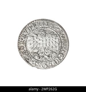 Cette pièce de 1605 représente Jan Christian, prince de Brzeg, et Jerzy Rudolf, prince de Legnica. Il présente les boucliers de la famille Piast, l'aigle de Silésie et les armoiries de Brzeg et Legnica sous les mitres des princes. Banque D'Images