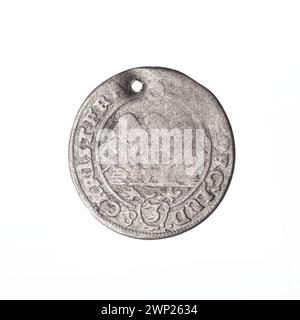 Une pièce de 1658 3 Krajcary représentant Christian, Jerzy III et Ludwik IV, montrant les symboles de la famille Piast, l'aigle de Silésie, trois demi-bustes en face, des boucliers, des lettres E-W et des portraits de souverains. Banque D'Images