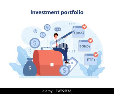 Concept de portefeuille d'investissement. Soldes d'investisseurs énergiques au sommet d'une mallette, interagissant avec divers actifs financiers tels que des actions, des obligations et des ETF. Stratégie de gestion de patrimoine. Illustration vectorielle plate Illustration de Vecteur