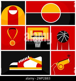 Collage créatif. Ensemble d'articles de basket-ball dans les couleurs rouge, noir et jaune - balle, baskets, panier, médaille, sifflet Illustration de Vecteur