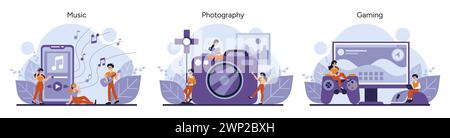 Jeu de passe-temps technologiques. Les gens apprécient la musique près d'un smartphone géant, un photographe par un grand appareil photo, des joueurs près d'un ordinateur. Scènes d'interaction numérique. Illustration vectorielle Illustration de Vecteur