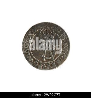 Pièce d'argent Trojak lituanienne émise en 1562 sous le roi Zygmunt II août, affichant la dénomination et les symboles royaux. Banque D'Images