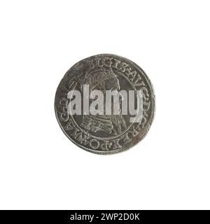 Pièce de 1565 représentant les quatre lituaniens, émise sous le règne du roi polonais Zygmunt II août, montrant des symboles héraldiques et des inscriptions. Banque D'Images