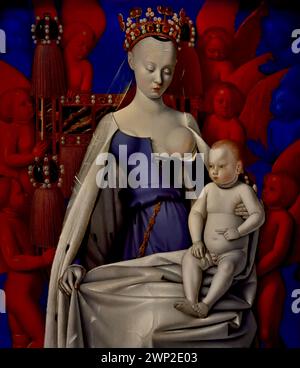 Madone entourée de Seraphim et de Chérubins 1450 par Jean Fouquet, Musée Royal des Beaux-Arts, Anvers, Belgique, Belgique. ( La Vierge intronisée tient l'enfant Christ sur son genou. Elle est rodée comme une reine, avec un manteau d'hermine et une couronne décorée de perles et de pierres précieuses. Elle est entourée des deux sortes d'anges que le penseur chrétien influent pseudo-Dionysius a classés comme les créatures les plus importantes du ciel. Les séraphins rouges étaient les plus élevés au rang.) Banque D'Images