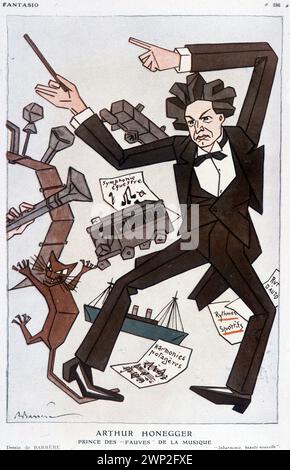 Caricature d'Arthur Honegger 'prince des fauves de la musique', compositeur suisse (1892-1955) - par Barrere, dans 'Fantasio' du 01 01 1930 Banque D'Images