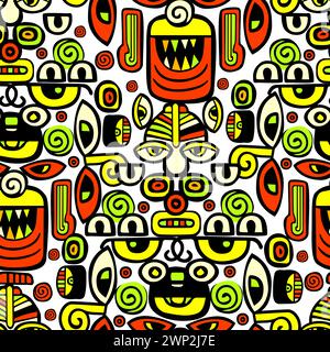 Motif sans couture des visages graphiques abstraits. Ancien masque Inca. dessin à la main. Pas ai . Illustration vectorielle Illustration de Vecteur