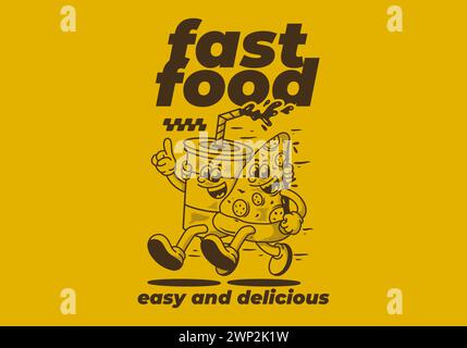 Restauration rapide, facile et délicieux. Illustration de personnage de mascotte de courir pizza et boisson non alcoolisée Illustration de Vecteur