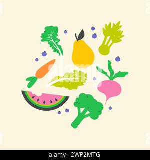 Composition de légumes et de fruits dessinés à la main. Joli design sain pour sac fourre-tout, T-shirt, affiche de cuisine. Illustration de Vecteur