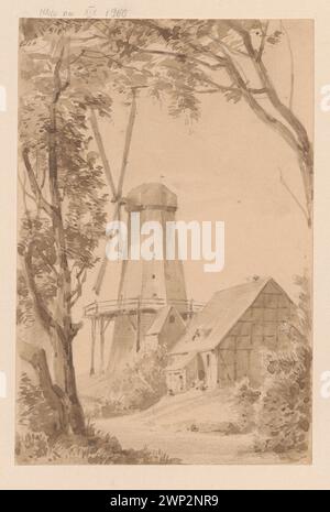 Vue d'un moulin à vent en bois à Świnoujście, dans la voïvodie de Poméranie occidentale, montrant des caractéristiques architecturales et techniques, recueillies à Berlin. Banque D'Images
