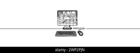 Un seul dessin continu d'un ordinateur processeur et d'un moniteur d'écran est dessiné sur une ligne. Illustration de Vecteur