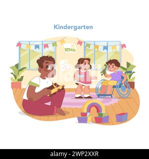 Scène maternelle inclusive. Jeu joyeux avec des jouets, groupe diversifié de jeunes amis et enfant en fauteuil roulant. Éducation précoce à l'école maternelle avec égalité et soins. Illustration vectorielle plate Illustration de Vecteur