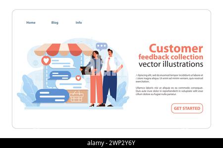 Concept d'engagement interactif. Illustration de professionnels recueillant les retours clients avec des interfaces numériques. Met l'accent sur une stratégie commerciale centrée sur le client. Illustration vectorielle plate. Illustration de Vecteur