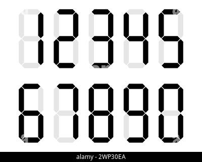 Numéros d'horloge numérique réglés. Figures électroniques. Numéros de calculatrice numérique noirs. Illustration vectorielle. Illustration de Vecteur