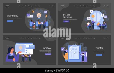 Ensemble de mise en page Web mode sombre ou nuit conçu pour la conception. Du brainstorming à l'idéation et aux tests, en passant par le travail d'équipe créatif et l'évaluation analytique. Processus de conception de site Web en détail. Illustration vectorielle plate Illustration de Vecteur
