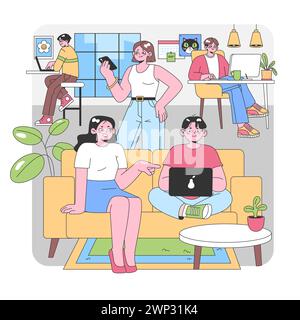 Amis se réunissant dans un salon animé. Discussion animée, espace de travail confortable et atmosphère ludique. Utilisation technique décontractée, détente en soirée. Fenêtre ouverte avec vue sur la ville. Illustration vectorielle plate Illustration de Vecteur