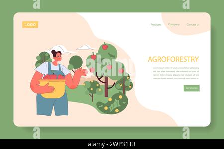 Concept agroforestier. Personne tenant un panier de fruits présentant une approche intégrée de l'agriculture avec l'élevage d'arbres. Illustration de Vecteur