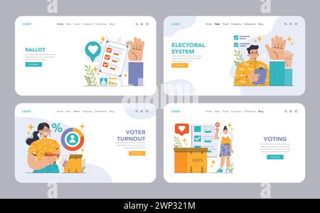 Toile d'élection ou ensemble d'atterrissage. Procédure démocratique, les citoyens choisissent un parti politique ou un candidat par le processus électoral. Personnage vérifiant un bulletin de vote lors d'un référendum. Illustration vectorielle plate Illustration de Vecteur