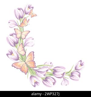 Cadre rond de fleurs de crocus avec des papillons. Illustration isolée de l'aquarelle dessinée à la main. Couronne printanière florale de safran. Modèle avec copie spa Banque D'Images