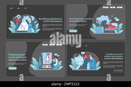 Kit de conseils pour le soin des odeurs. Les bannières Web décrivent l'évitement de la pollution de l'air, les avantages de l'aromathérapie, les soins nasaux et la modération de l'alcool pour améliorer l'odorat. Série vectorielle informative. Illustration de Vecteur