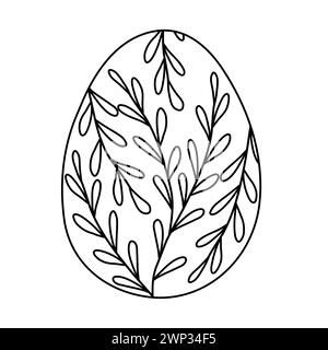 Oeuf de Pâques avec des branches et des feuilles, illustration vectorielle plate de style doodle pour livre de coloriage pour enfants Illustration de Vecteur