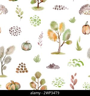 Motif sans couture de dessin animé de la nature. Arbres de ferme mignons et citrouilles. Contexte de l'environnement. Banque D'Images