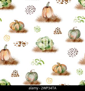 Motif de récolte d'aquarelle. Citrouille, chou dans le jardin. Légumes de saison illustration d'un automne bio. Banque D'Images