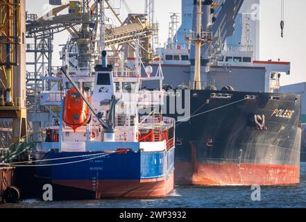 Rostock, Allemagne. 29 février 2024. Cargos amarrés et chargés au quai de marchandises en vrac dans le port d'outre-mer de Rostock Port. L'Office fédéral de la statistique fournit des informations sur les chiffres actuels des exportations en janvier 2024. Crédit : Jens Büttner/dpa/Alamy Live News Banque D'Images