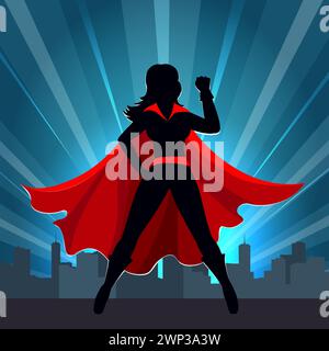 Femme de super-héros restant dans la casquette rouge contre Night City Skyline illustration vectorielle. Aucune IA n'a été utilisée. Illustration de Vecteur