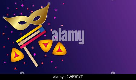 Purim fond violet avec masque de carnaval doré raashan et hamentashen. Chag Purim Sameach design pour carte de vacances ou bannière. Illustration vectorielle Illustration de Vecteur
