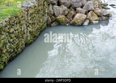 Slough, Berkshrire, Royaume-Uni. 4 mars 2024. Thames Water rejette les eaux usées de ses usines de traitement des eaux usées Slough dans l'eau de Roundmoor Ditch (photo) à Slough, Berkshire, qui se jette dans Roundmoor Ditch à Eton Wick. Cette fois, le rejet, qui a changé la couleur de l'eau en une couleur gris trouble, a eu lieu depuis plus de 51 heures. La puanteur des eaux usées est épouvantable. Ce niveau de pollution risque d'être catastrophique pour l'environnement. Après de nombreux rejets par Thames Water dans le fossé Roundmoor au cours des deux derniers mois, il y a maintenant une croissance de champignons d'égout Banque D'Images