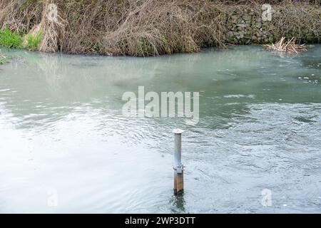 Slough, Berkshrire, Royaume-Uni. 4 mars 2024. Thames Water rejette les eaux usées de ses usines de traitement des eaux usées Slough dans l'eau de Roundmoor Ditch (photo) à Slough, Berkshire, qui se jette dans Roundmoor Ditch à Eton Wick. Cette fois, le rejet, qui a changé la couleur de l'eau en une couleur gris trouble, a eu lieu depuis plus de 51 heures. La puanteur des eaux usées est épouvantable. Ce niveau de pollution risque d'être catastrophique pour l'environnement. Après de nombreux rejets par Thames Water dans le fossé Roundmoor au cours des deux derniers mois, il y a maintenant une croissance de champignons d'égout Banque D'Images