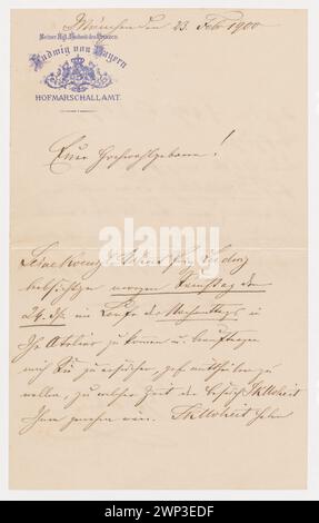 Écriture de Hofmarschallamt Seiner KGL. Hoheit des Prinzen Ludwig von Bayern [Kancelaria Ludwig Bawarski] du 23 février 1900 adressée à Józef Brandt avec des informations sur la visite prévue de Ludwik Bavarian à l'atelier du peintre [sur papier de l'entreprise]; 23.02.1900 (1900-00-00-1900-00-00);Brandt, Józef (1841-1915), Brandt, Józef (1841-1915) - documents biographiques, Ludwik III Wittelsbach (Roi de Bavière - 1845-1921), Stachura, Witold - collection, colonie artistique polonaise à Munich, peinture, ateliers d'artistes, ateliers de peinture, achat (provenance) Banque D'Images