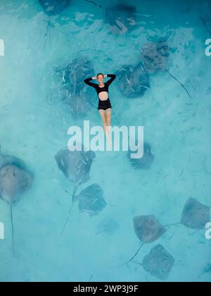 Femme nageant avec des raies aux Maldives. Poissons de raie piquante et femme nageant dans l'océan bleu, vue aérienne Banque D'Images