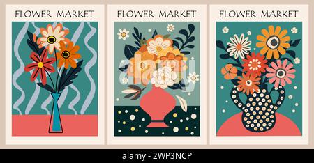 Ensemble d'art mural poster marché aux fleurs abstrait. Illustration de Vecteur