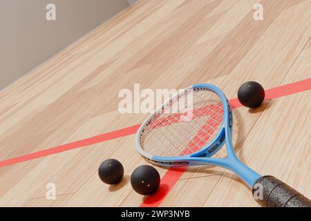 Raquette et balles de squash sur le sol d'un terrain de sport. rendu 3d. Banque D'Images