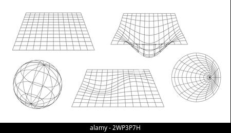 Ensemble de grilles vectorielles, éléments de conception y2k. Plan, sphère, entonnoir Illustration de Vecteur