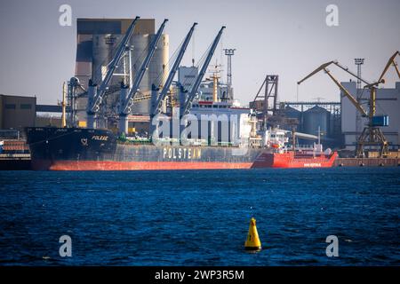 Rostock, Allemagne. 29 février 2024. Cargos amarrés et chargés au quai de marchandises en vrac dans le port d'outre-mer de Rostock Port. L'Office fédéral de la statistique fournit des informations sur les chiffres actuels des exportations en janvier 2024. Crédit : Jens Büttner/dpa/Alamy Live News Banque D'Images