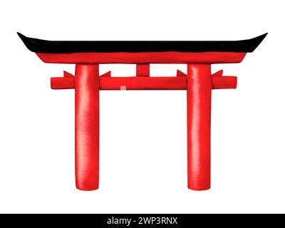 Japonais traditionnel Torii Gate couleur rouge. Illustration aquarelle Japon traditionnel Landmark isolé sur fond blanc Banque D'Images