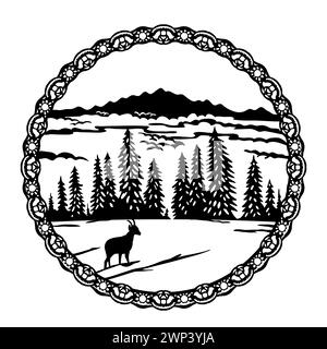 Scherenschnitte suisse ou ciseaux taillé illustration de silhouette de chamois dans le Parc naturel vaudois du Jura de la région Léman, Suisse à l'intérieur Banque D'Images