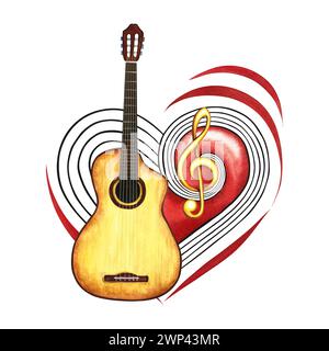 Une guitare à six cordes sur le fond d'un coeur musical rouge avec une clef d'aigu. L'illustration aquarelle est dessinée à la main. Pour logos, badges, autocollants Banque D'Images
